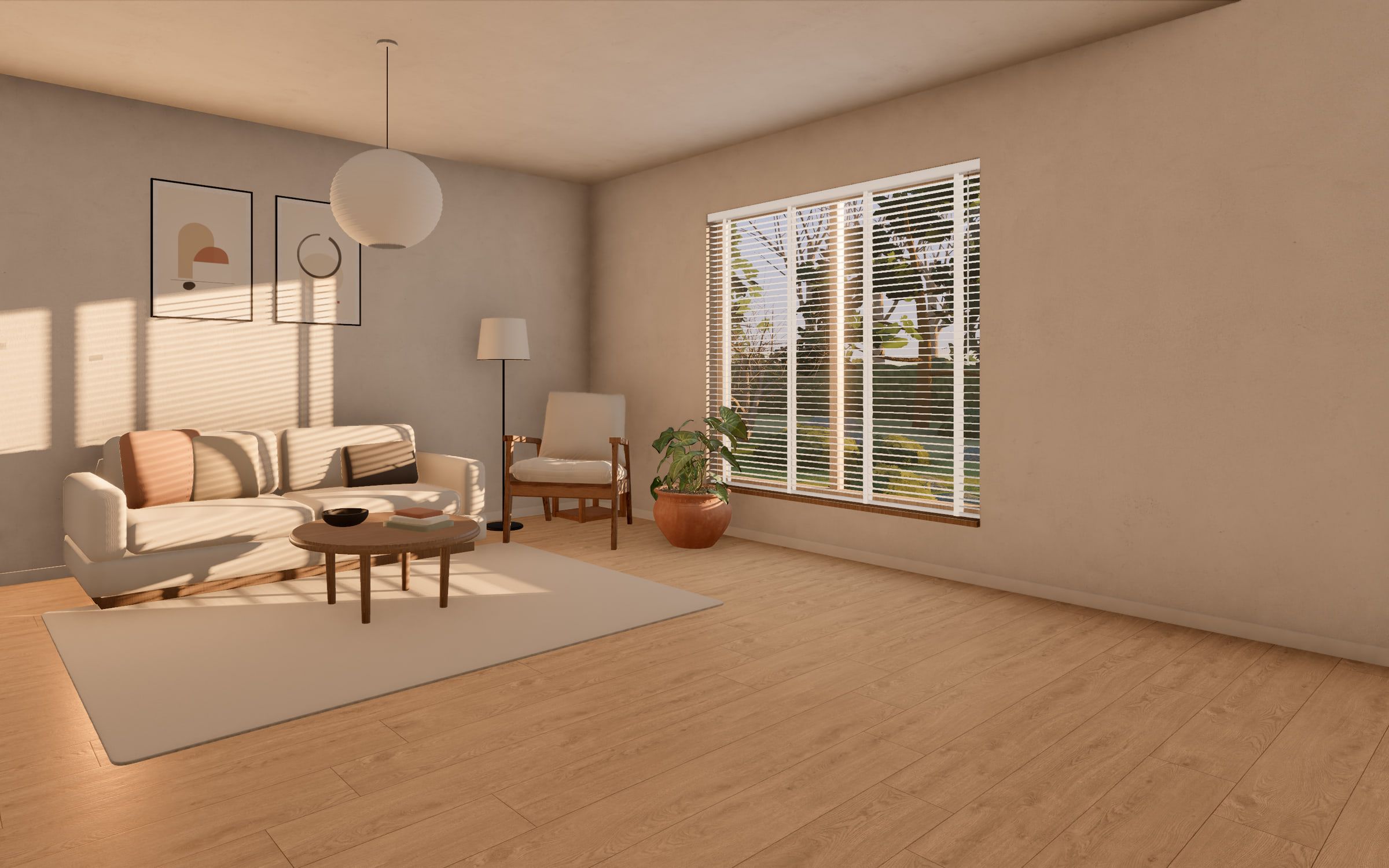 The living room on a winter afternoon. A white wooden Venetian blind is lowered with its slats open, and the low sun throws sharp stripes across the sofa, the wall above it and the rug.