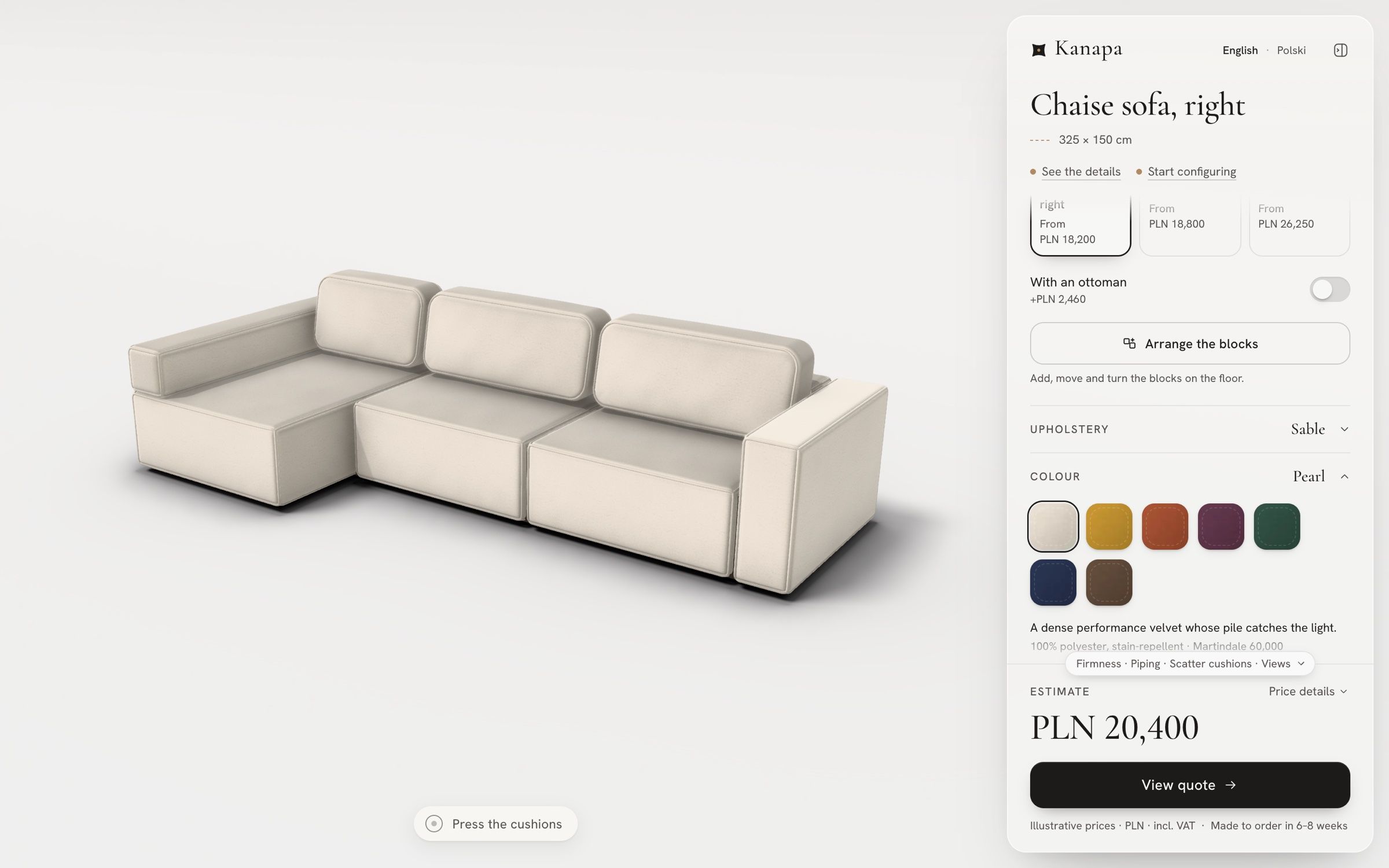 Kanapa’s whole screen: a right chaise sofa in pearl velvet in the white studio. The panel on the right shows the arrange button, the cover, Sable, and its seven colours as swatches, with a PLN 20,400 estimate and a View quote button.