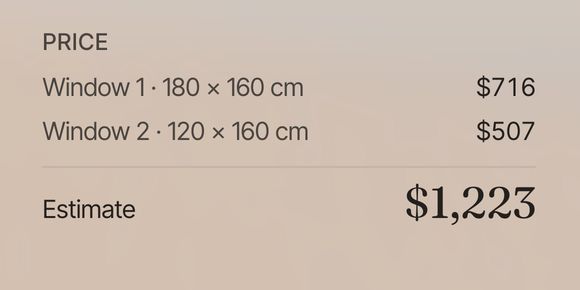 The price column of Louver’s summary. Window 1, 180 × 160 cm, costs $716 and window 2, 120 × 160 cm, costs $507, for an estimate of $1,223.