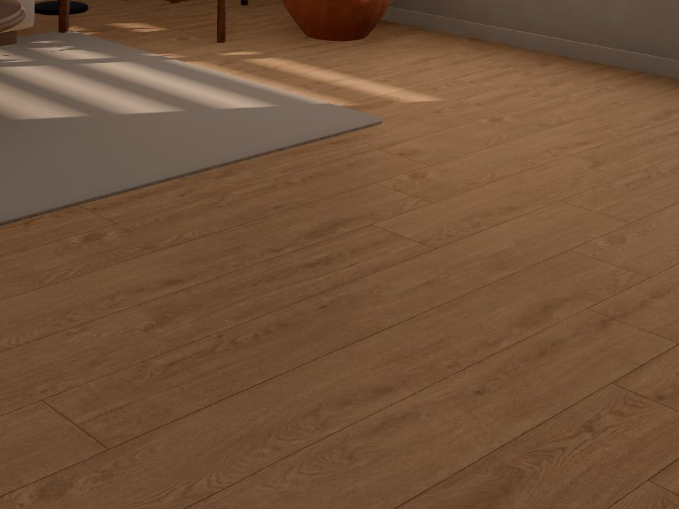 Oak floorboards in soft morning light, beside the edge of a pale rug crossed by faint stripes of sun.
